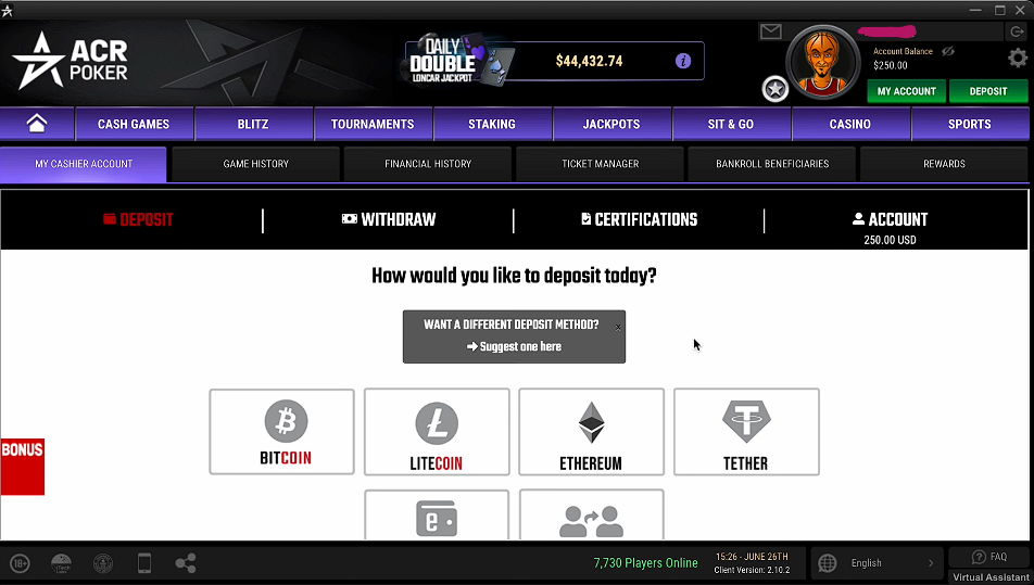 ACR crypto deposit lobby